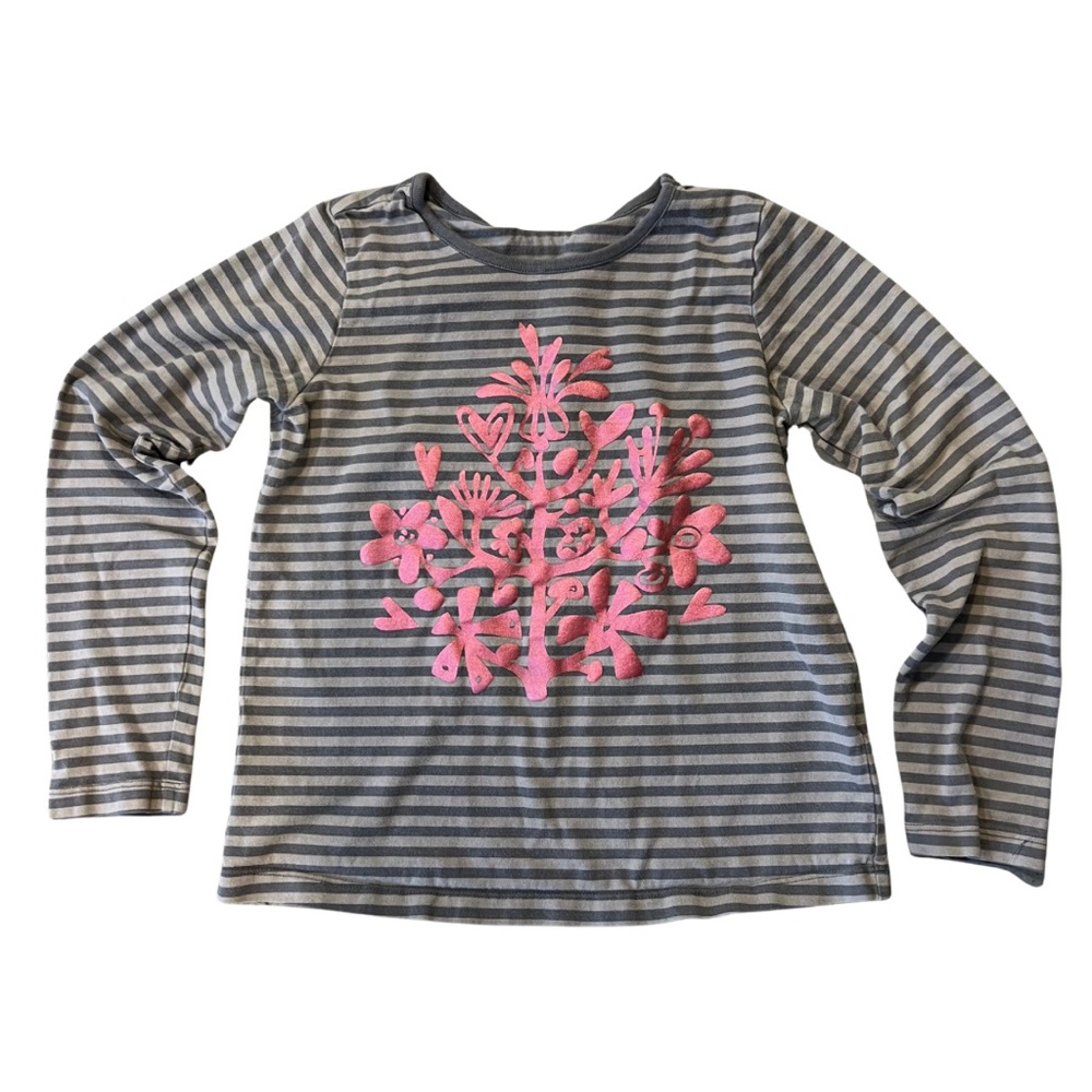 Hanna Andersson Girls Gray Striped Tee with Pink Floral Design 100% Cotton 130